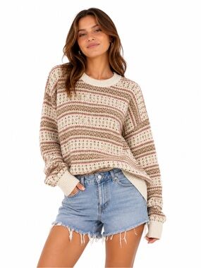 Cream & Pink Striped AE Crewneck Sweater